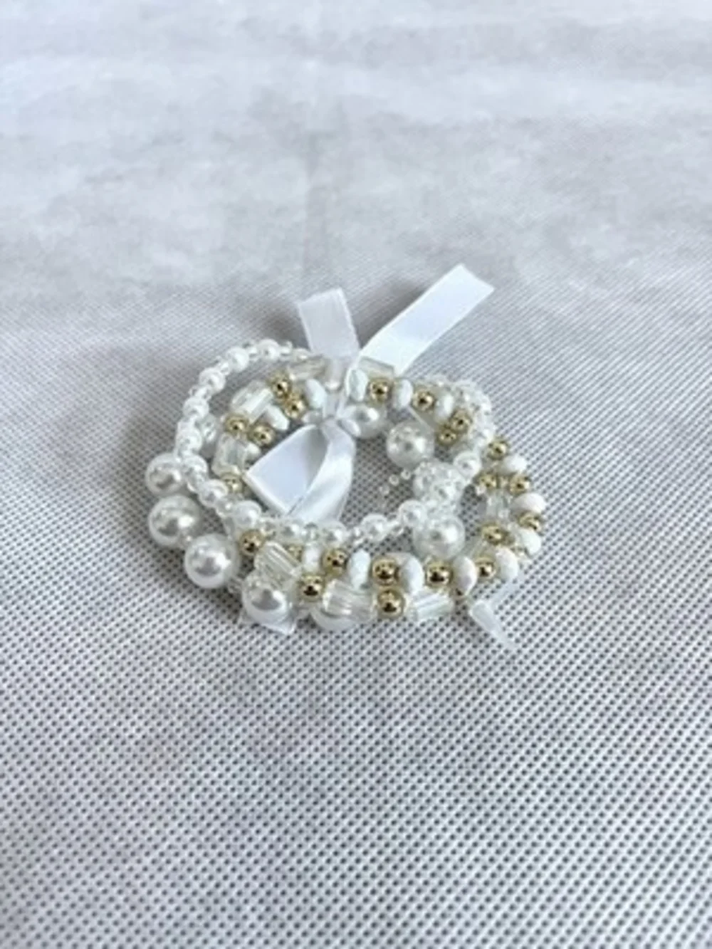 Layered Beaded Three  White Pearl Ribbon Bow Bracelet Wedding Accessories NWOT